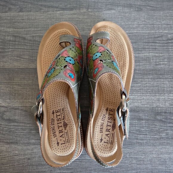 L'Artiste by Spring Step Samya Hand Painted Leather Toe Loop Sandal Grey 9.5-10 - Picture 5 of 11